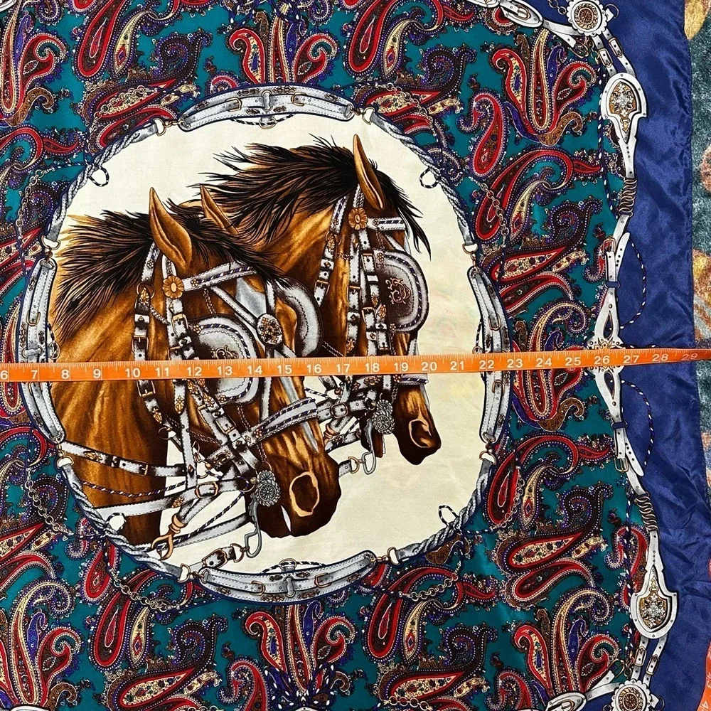 Equestrian Paisley Scarf Horse Motif Silk Feel 29x31 Blue Brown